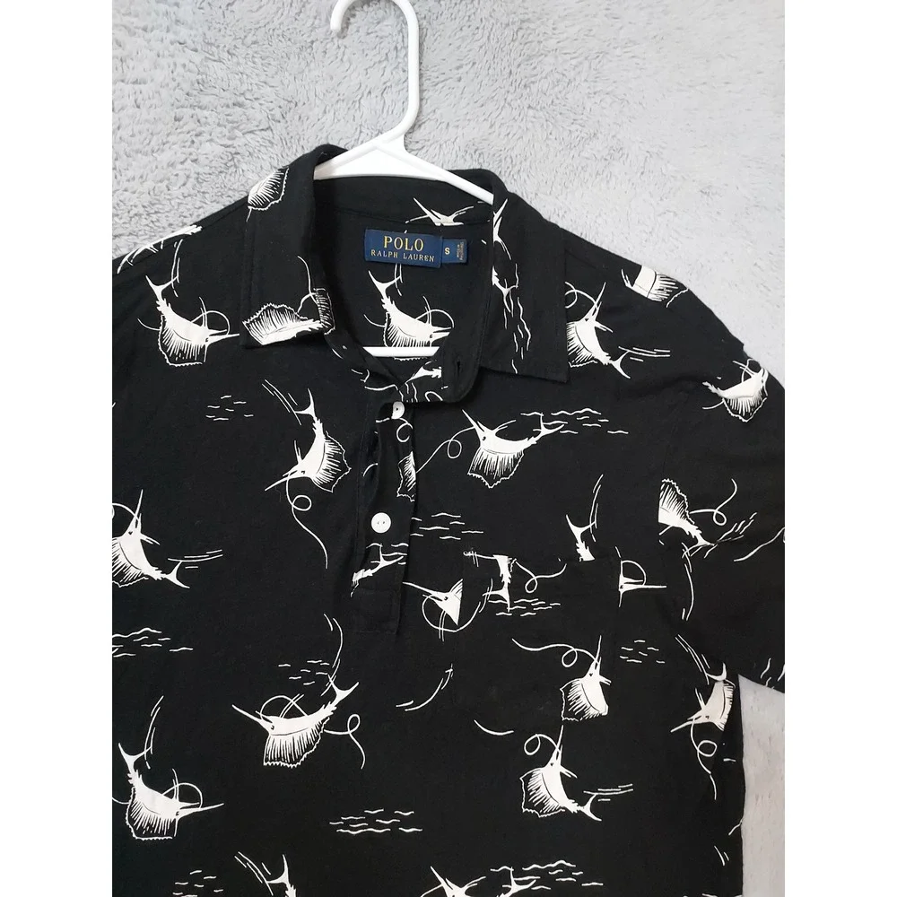 Polo Ralph Lauren Polo Shirt Mens Small Marlin Fish Print Linen Blend Black READ
